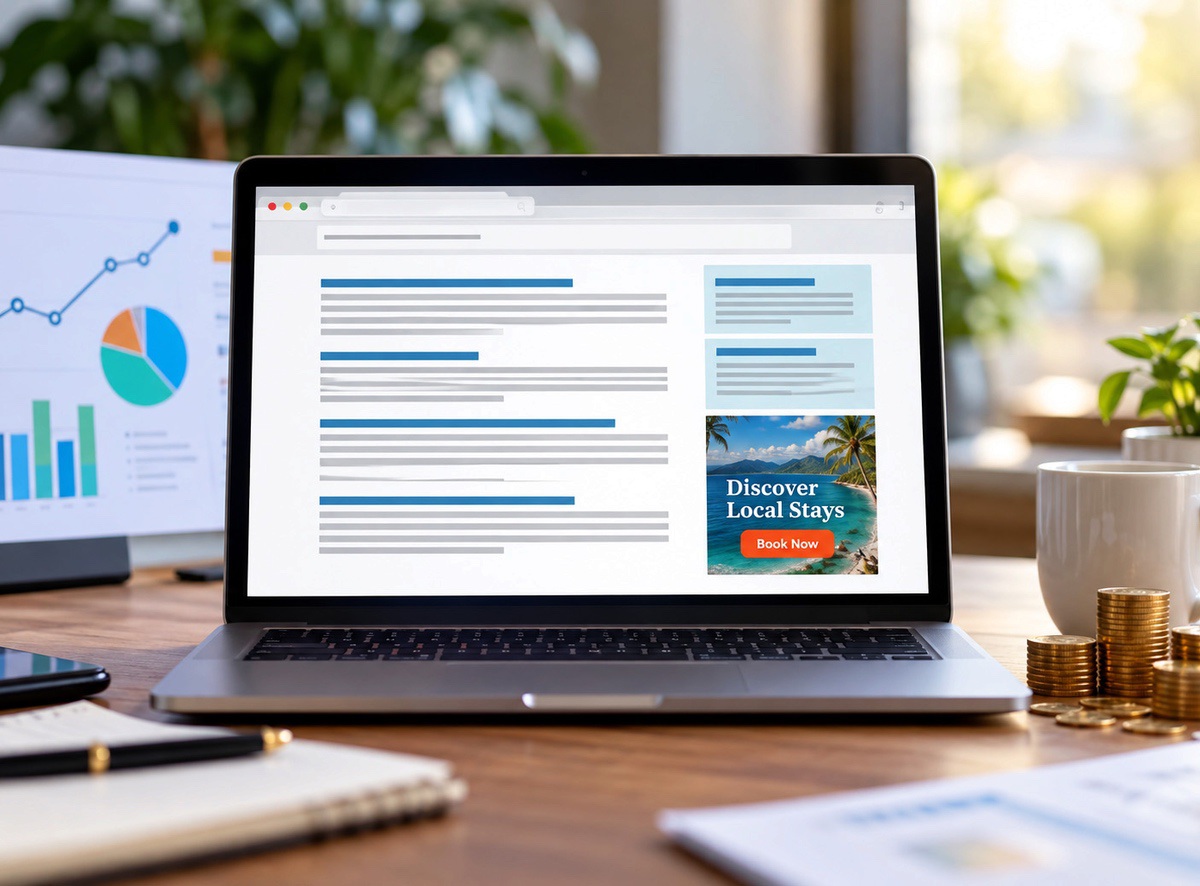 Advertise with Provelocal -Laptop displaying travel website “Discover Local Stays” with “Book Now” button and analytics charts at a desk